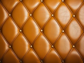 Gold leather upholstery. Close-up texture of genuine leather with Brown rhombic stitching. Luxury background. Brown leather texture with buttons for pattern and background | Generative AI