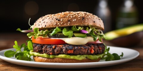 The image captures a delectable veggie burger, showcasing a homemade patty made from black beans, quinoa, and roasted bell peppers, adorned with melted provolone cheese, fresh avocado slices,