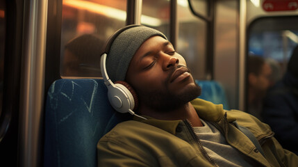 Potrait of young man listening to music inside a train.