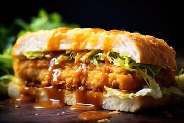 This shot captures a crosssection of a mouthwatering katsu curry sandwich, where tender breaded pork lets are encased in fluffy, crusty bread. The delightful combination of the tender meat