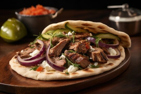 A satisfying image showcases a mouthwatering gyro sandwich, featuring tender slices of marinated lamb slowcooked to perfection, nestled within a fresh pita and accompanied by a flavorful