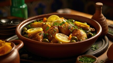 The famous Moroccan dish of chicken tagine with preserved lemons and olives delivers an explosion of flavors. Slowcooked with fragrant es like turmeric, ginger, and cinnamon, it features