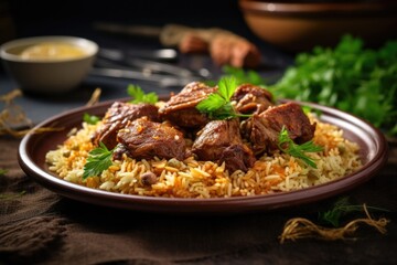 Side view shot of a mouthwatering plate of lamb kabsa, highlighting tender chunks of slowcooked lamb, served over a bed of aromatic rice cooked with fragrant es like cinnamon, nutmeg, and