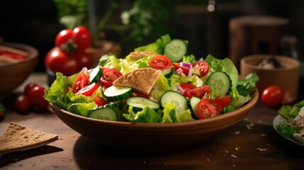 Closeup shot of a colorful and aromatic bowl of fattoush salad, featuring a refreshing mix of crisp lettuce, juicy tomatoes, cucumbers, and radishes, tossed in a tangy sumac dressing and