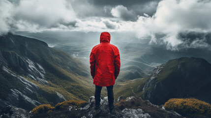 Obraz premium A men wearing a bright red raincoat at the peak of the mountain watching the valley downhill.