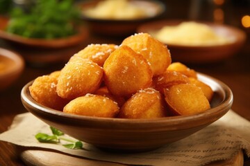 A mouthwatering display of bu uelos, bitesized cheese fritters made with a combination of cornmeal and cheese, deepfried until golden and crispy, offering a delightful blend of savory and