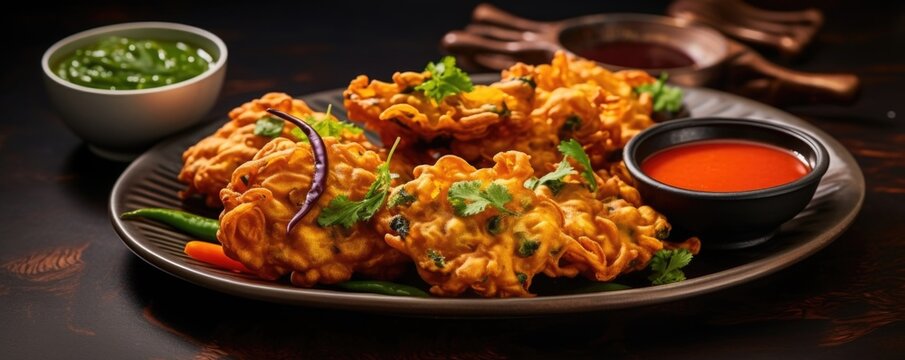 A vibrant assortment of colorful and nutritious vegetable pakoras, showcasing a variety of finely chopped vegetables, coated in a ed gram flour batter and deepfried until golden and crispy,