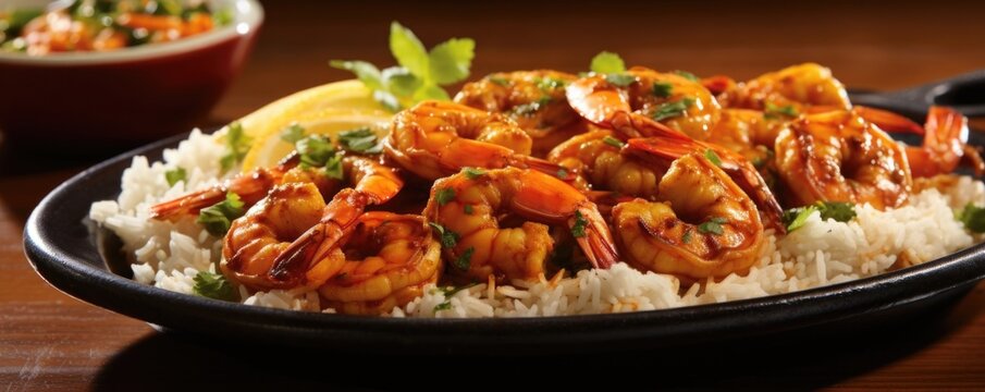 A colorful platter captures the essence of a traditional Creole barbecued shrimp dish succulent shrimp drenched in a y and tangy er sauce, infused with flavors of Worcestershire sauce, garlic,