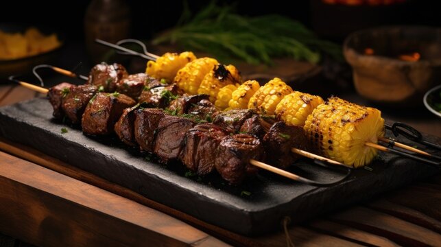 A charred and succulent anticucho skewer, featuring marinated chunks of tender grilled beef heart, served on a bed of grilled corn and potatoes, providing a unique and flavorsome taste experience.