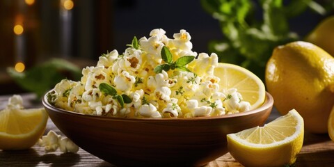 An enticing snapshot capturing popcorn effortlessly tossed in a vibrant blend of zesty lemon zest and finely grated Parmesan cheese, creating a tantalizing balance between tangy citrus and