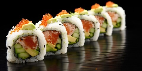 A unique presentation of traditional sushi rolls, with each bitesized piece enveloped in a thin film of cucumber gel e, filled with fresh sashimigrade tuna, avocado puree, and delicate pops
