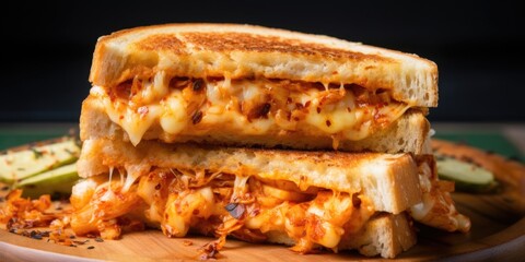 A delectable picture capturing the crispy exterior of a kimchi grilled cheese sandwich. The golden brown bread encases a luscious layer of melty cheese, perfectly balancing the tangy and
