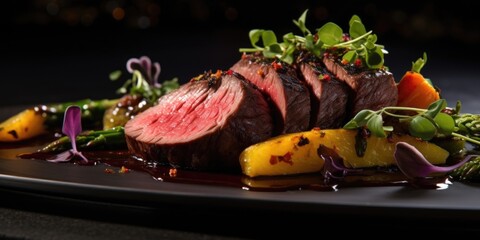 In this visually striking shot, a selection of grassfed game meats, including venison and bison, are expertly cooked and beautifully presented. Their deep, rich colors hint at their robust