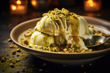 An artistic composition capturing a bowl of creamy, dreamy tofu ice cream, flad with a hint of matcha green tea, with a delightful smattering of crushed pistachios and a drizzle of warm