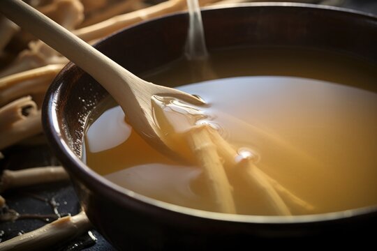 A closeup photograph capturing the gelatinous consistency of bone broth, highlighting its collagenrich composition, which promotes joint health and glowing skin.