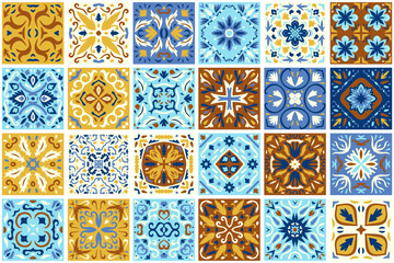 Set of patterned azulejo floor tiles background. Seamless colorful pattern. Abstract geometric patchwork. Collection of ceramic tiles in turkish style. Portuguese and Spain decor. Islam, Arabic