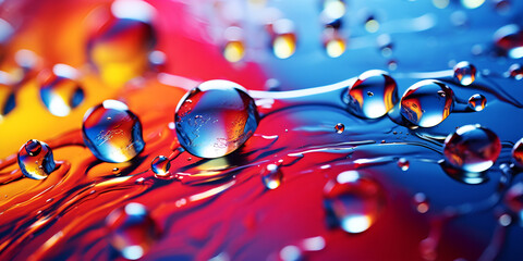 A close up of a colorful liquid and a small ball of blue liquid.