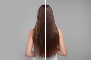 Photo of woman divided into halves before and after hair treatment on grey background, back view