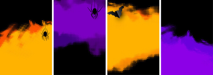 Abstract orange and purple halftone backgrounds with black frame and spiders.