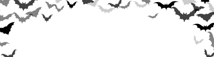 Halloween decoration banner, black bats flying over white background.