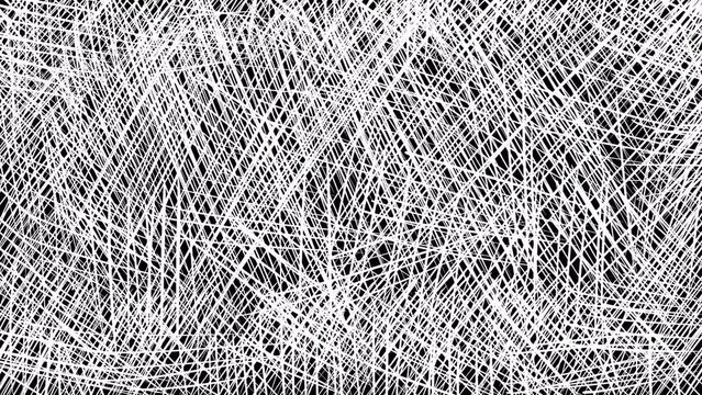 Animation sketch of white lines on a black screen. Texture of mesh artistic strokes in 4K with alpha channel. Stock video with art effect for overlay.