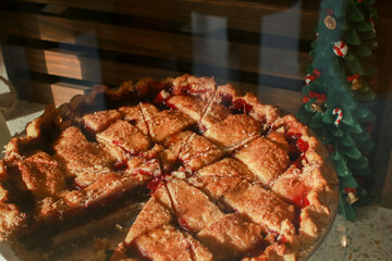 Strawberry pie tart cake sweet baked pastry food under morning sunlight. Delicious homemade dessert in restaurant.