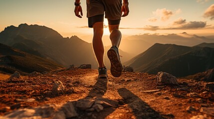 running feet exercise for health of trail runner in the morning sunrise. 	 - obrazy, fototapety, plakaty