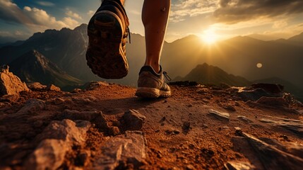 running feet exercise for health of trail runner in the morning sunrise. 	
