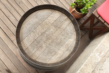 Traditional wooden barrel outdoors, top view. Wine making