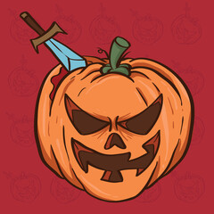 Scary halloween pumpkin head vector illustration on red background. Cute Vector cartoon Illustration.
