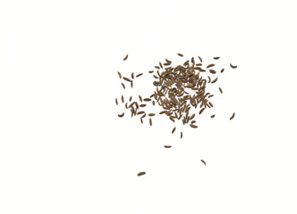 caraway seeds sprinkled in a pile isolated on a white background (close up of spices for cooking...