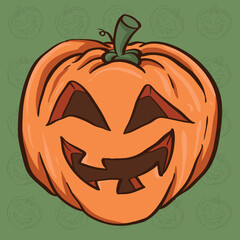Cute funny face halloween pumpkin head vector illustration on green background. Cute Vector cartoon Illustration.