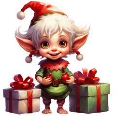 Christmas Elf isolated on transparent background, Happy Elf wearing a Santa red hat on Christmas holding a gift box, Christmas characters Decorative. isolated on a Transparent background.