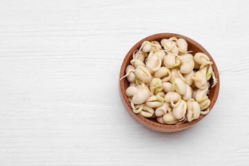 Sprouted kidney beans in bowl on white wooden table, top view. Space for text