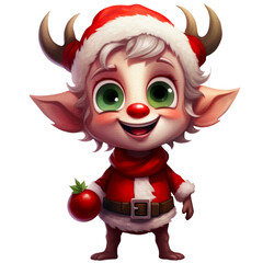 Cute Reindeer with Red nose on Christmas holding a gift box, Christmas characters Decorative. isolated on a Transparent background.