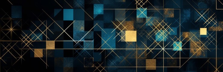 Abstract gold and blue background for design with lines and squares, 3d effect, Web banner, Wide, Panoramic, Texture, Geometric shape, Business