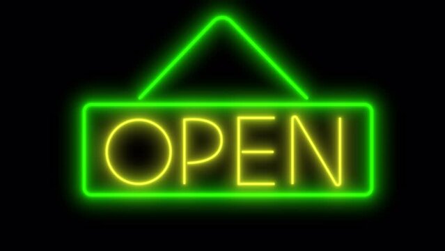 Neon inscription Close and Open on a black screen. Signboard on the building of a cafe, restaurant, club, office. Concept of a business that is opening. Animation of bright illumination in 4K.