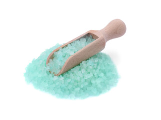 Wooden scoop with turquoise sea salt isolated on white