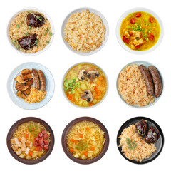 Set with dishes of sauerkraut isolated on white, top view