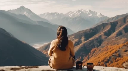 Fotobehang woman sitting on a mountain top © TeamX