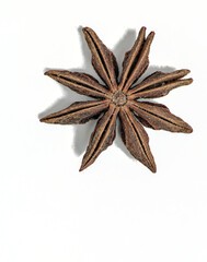 single star anise close up isolated on a white background (spices for cooking cut out) indian cuisine (licorice flavoring seed) curry ingredient