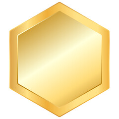 Gold plated hexagon shape, Metal badge isolated illustration 3D realistic.