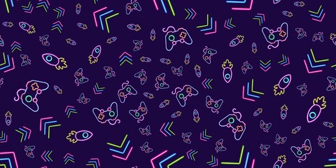 seamless pattern neon games glowing desktop icon, neon game joystick sticker, neon rocket figure, glowing arrows figure, neon geometrical figures 