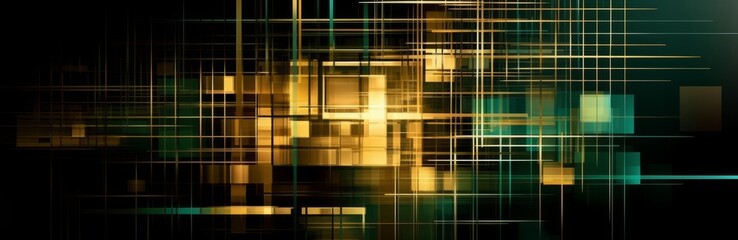 Abstract green and gold background for design with lines and squares, 3d effect, Web banner, Wide, Panoramic, Texture, Geometric shape, Business
