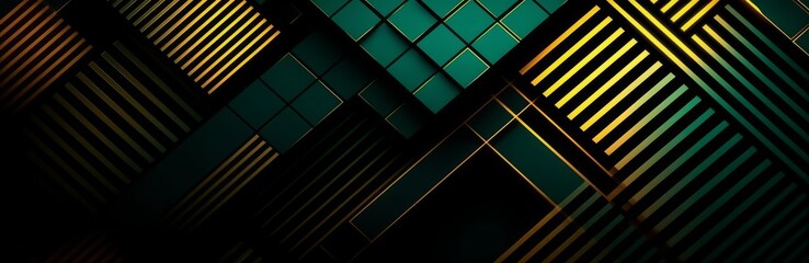 Abstract green and gold background for design with lines and squares, 3d effect, Web banner, Wide, Panoramic, Texture, Geometric shape, Business
