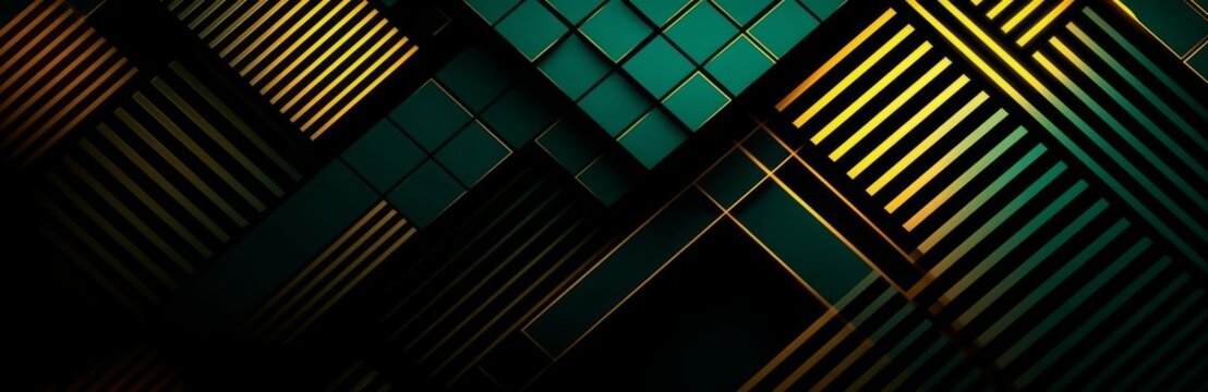 Abstract green and gold background for design with lines and squares, 3d effect, Web banner, Wide, Panoramic, Texture, Geometric shape, Business
