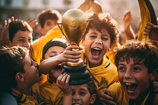 Portrait of active children holding trophies in sport day at school playground park background. People and sport education concept.