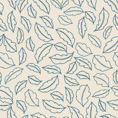 Tightly Scattered Blue Line Art Leaves Are Featured on this Tan Background Creating a Seamless Vector Repeat Pattern Design.