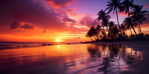 Fototapeta na wymiar Gorgeous tropical sunset over beach with palm tree silhouettes Perfect for summer travel and vacation | Generative AI
