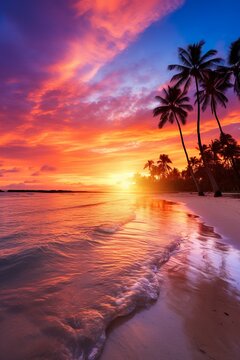Gorgeous tropical sunset over beach with palm tree silhouettes Perfect for summer travel and vacation | Generative AI © Kay